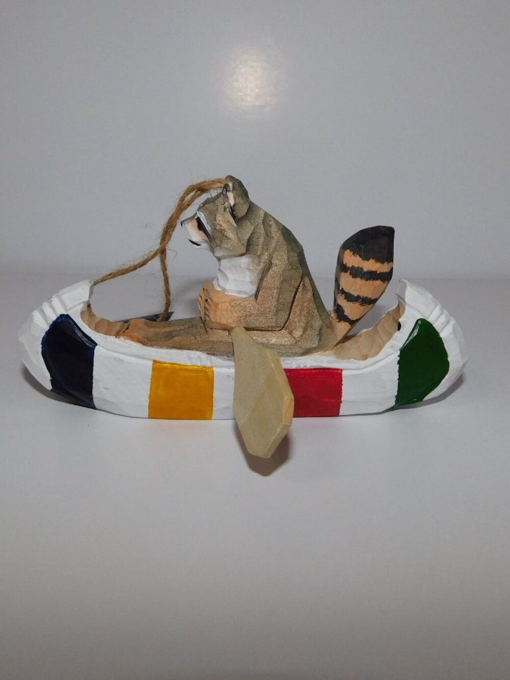 HBC Christmas Tree Ornament Wood Raccoon Canoeing Striped Canoe Hudson's Bay NEW